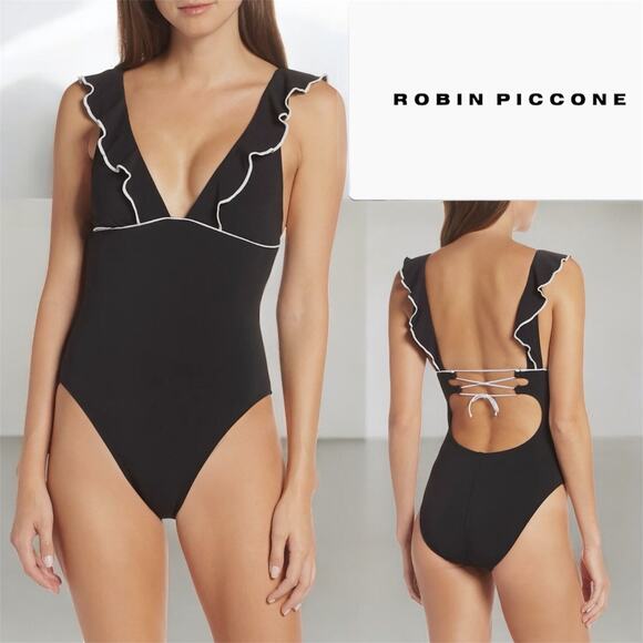 Robin Piccone Luxury Malia‎ Black Ruffle One Piece Swimsuit Size Womens 4 Small - Picture 1 of 11